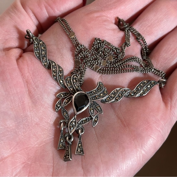 Antique Art Deco 1920's Sterling Silver Marcasite black Onyx Choker necklace - Picture 10 of 17